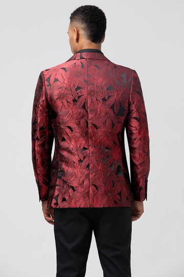 Peak Lapel Burgundy Jacquard One Button Men's Prom Blazer
